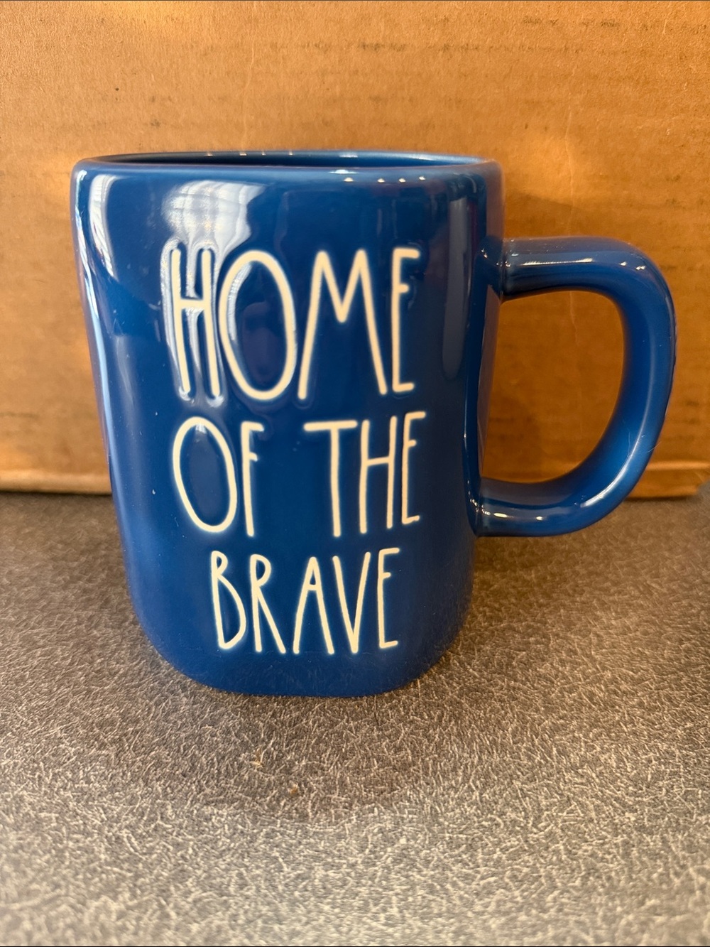 Rae Dunn Navy Blue Ceramic Mug with White 'Home of the Brave' Text